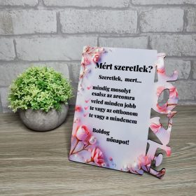   LOVE feliratos MDF táblakép – „Miért szeretlek?” nőnapi felirattal