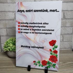   Nőnapi feliratos fémlap – „Anya, azért szeretünk, mert…” rózsás mintával